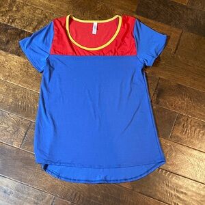 LuLaRoe Red and Blue Short Sleeve Top with Yellow Trim